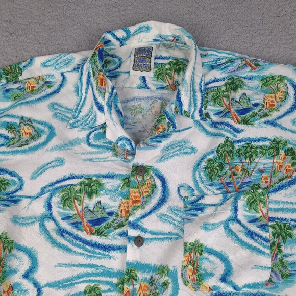 Vintage Ocean Current‎ Hawaiian Shirt Mens Large White Blue Button Short Sleeve - Picture 2 of 14